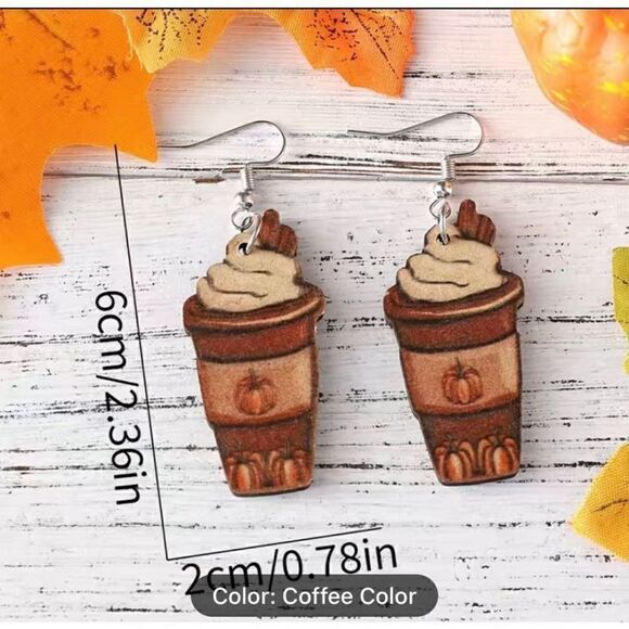 NWT Wooden Pumpkin Coffee Cup Design Autumn Fall Dangle Earrings - Picture 3 of 6